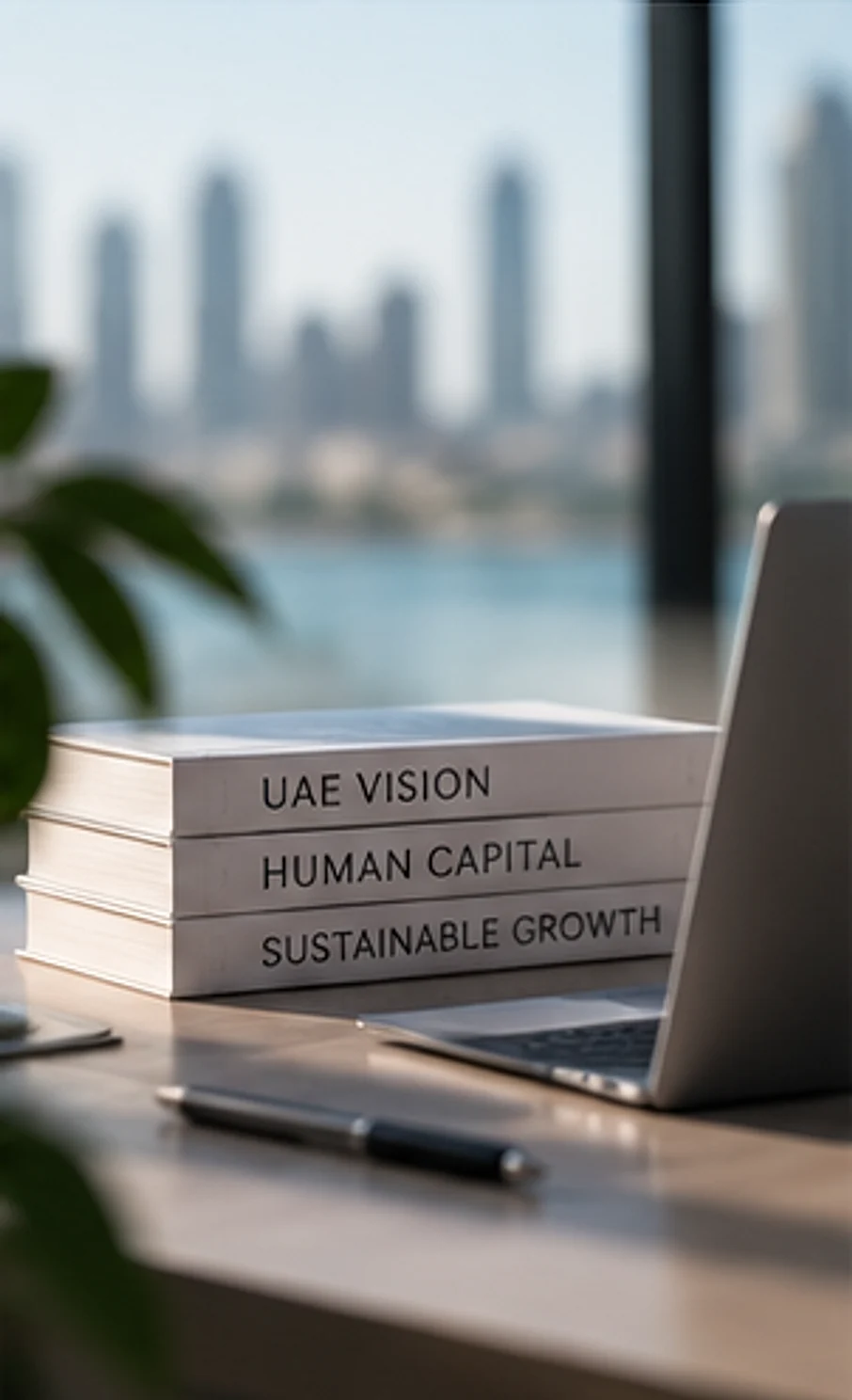 Books on UAE vision and human capital beside a laptop