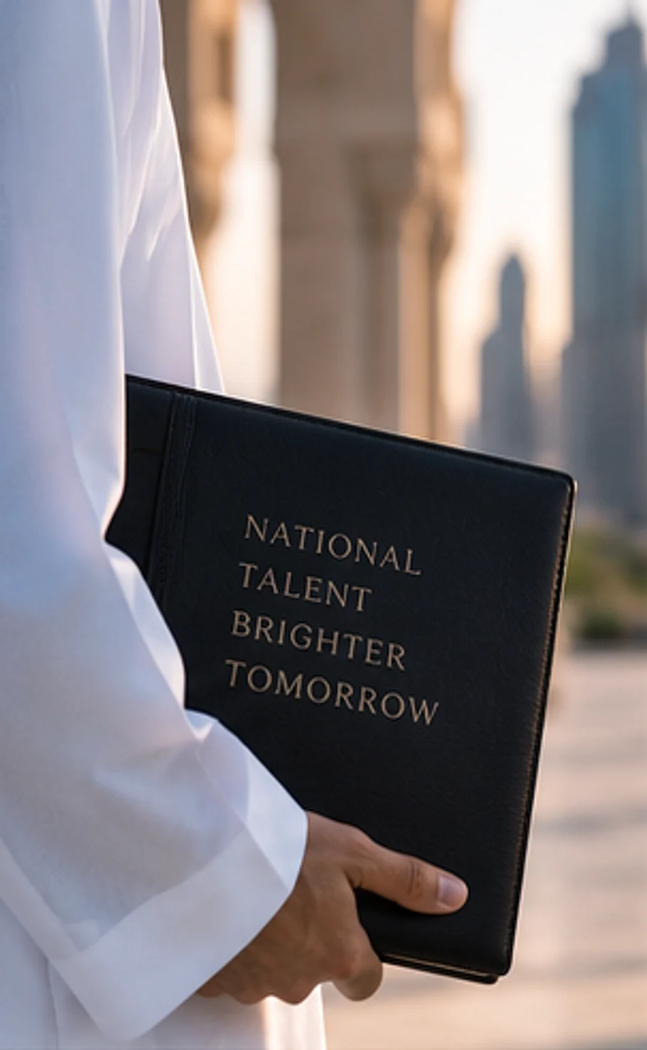 Emirati consultant holding a National Talent folder