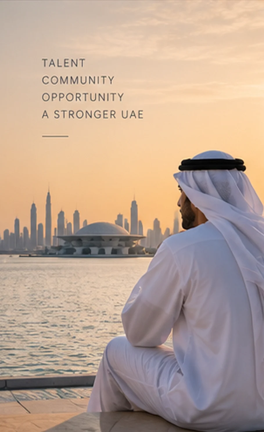 Emirati professional looking across the water to the Dubai skyline
