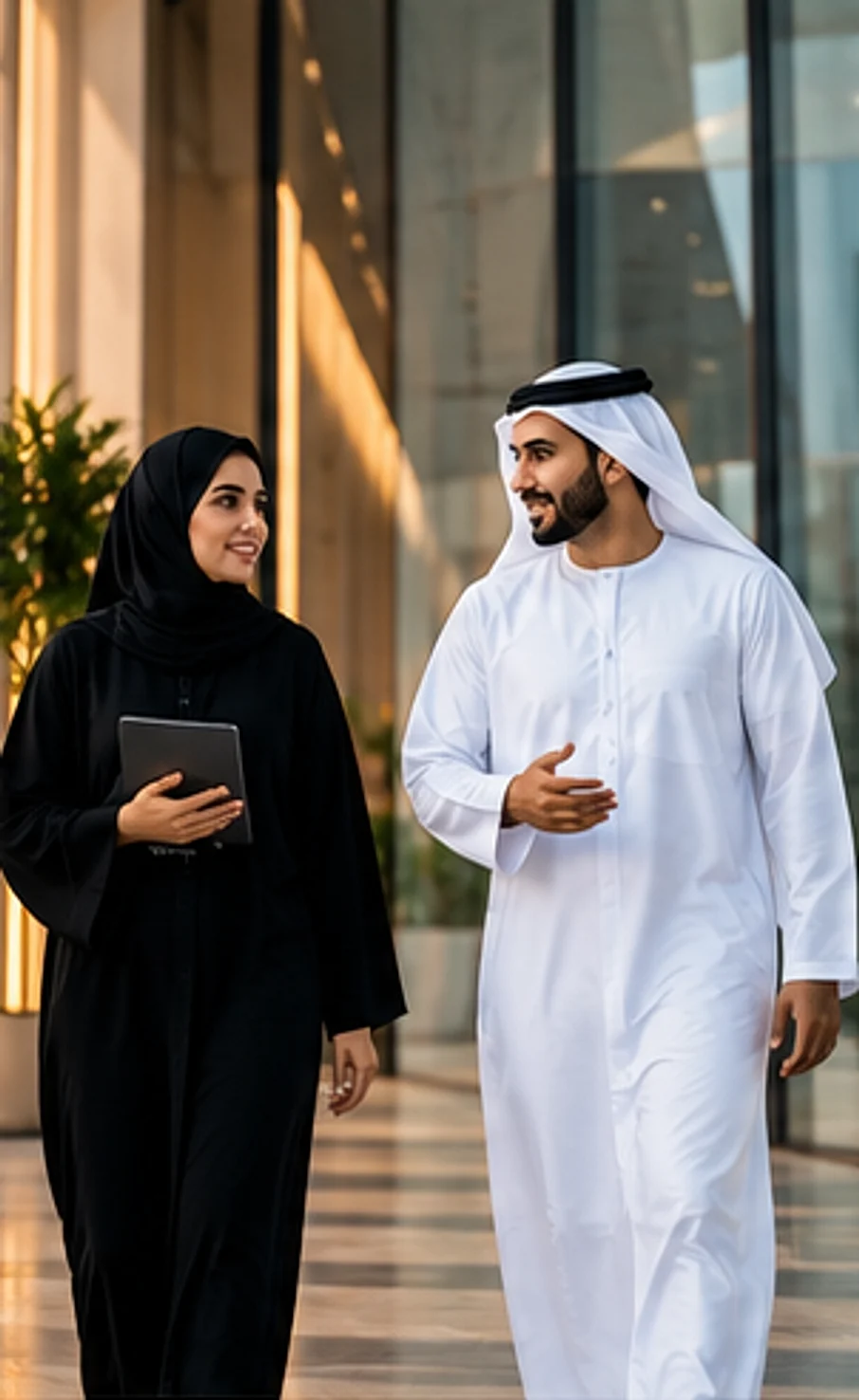 Two Emirati professionals walking through an office lobby
